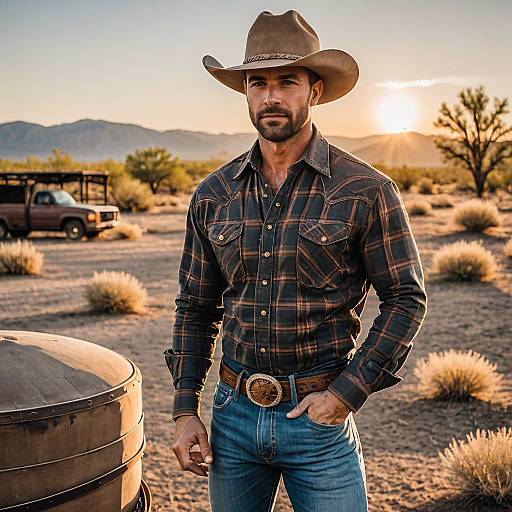 Cowboy in Plaid Shirt and Hat Standing in Desert at Sunset