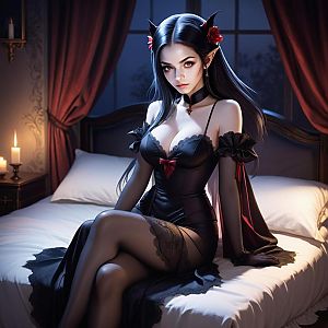 Gothic Fantasy Woman in Elegant Lingerie with Horns and Elf Ears on Bed