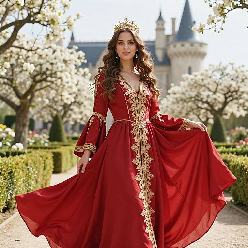 Elegant Woman in Red Embroidered Gown with Crown in Castle Garden