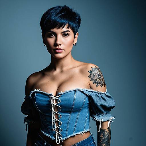 Stylish Woman in Denim Corset with Tattoos Portrait