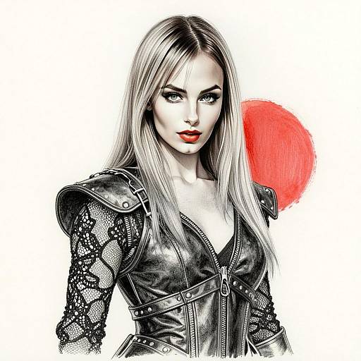 Stylized Digital Portrait of Woman in Leather Armor with Red Circle Background