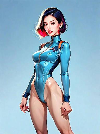 Realistic Comic Style Woman in Sporty Futuristic Bodysuit Full Body Illustration