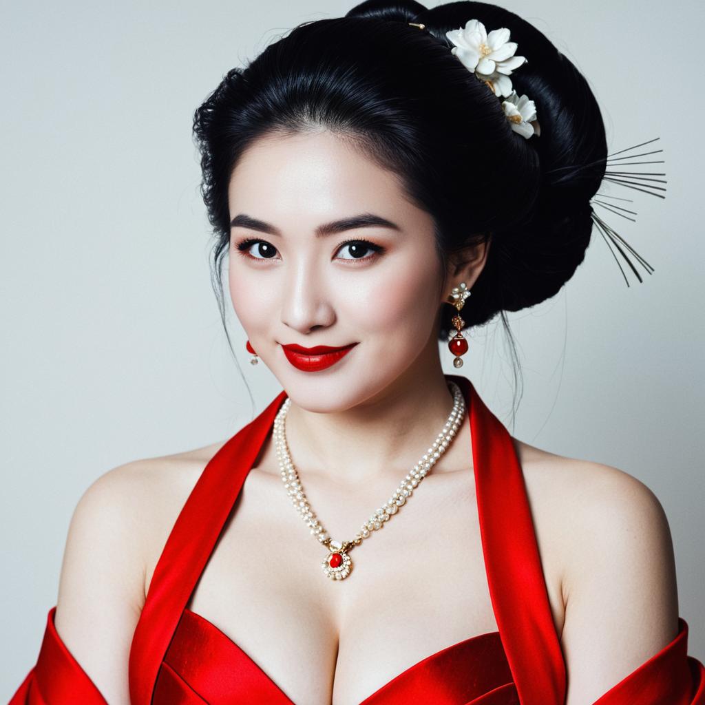 Modern Geisha Hairstyle with Elegant Jewelry and Red Dress Woman