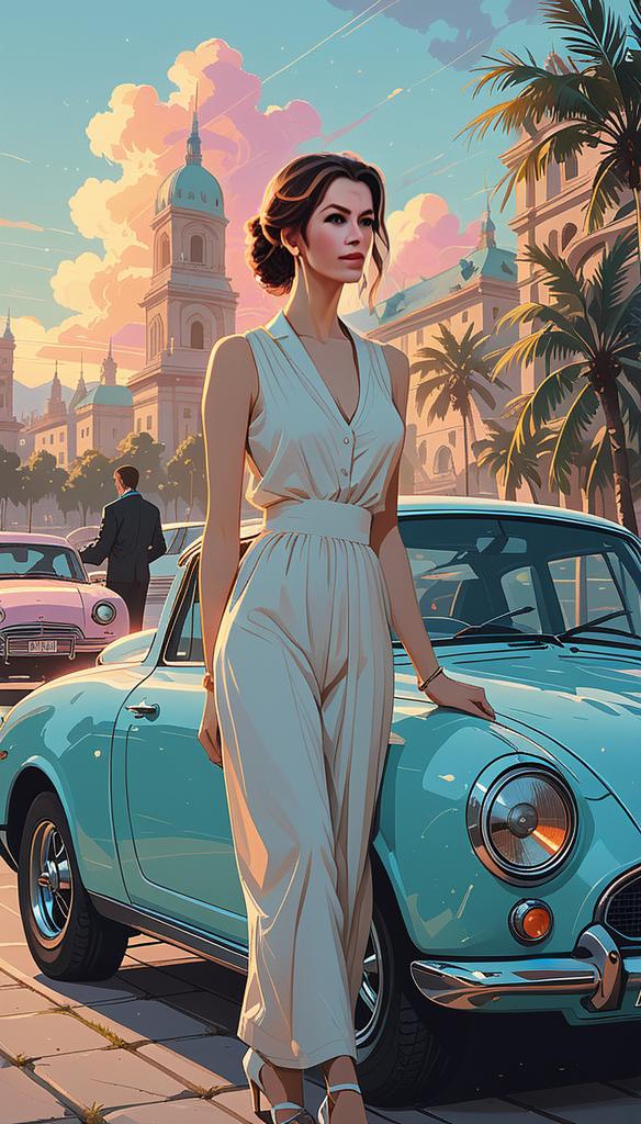 Chic Woman by Vintage Car in Urban Setting