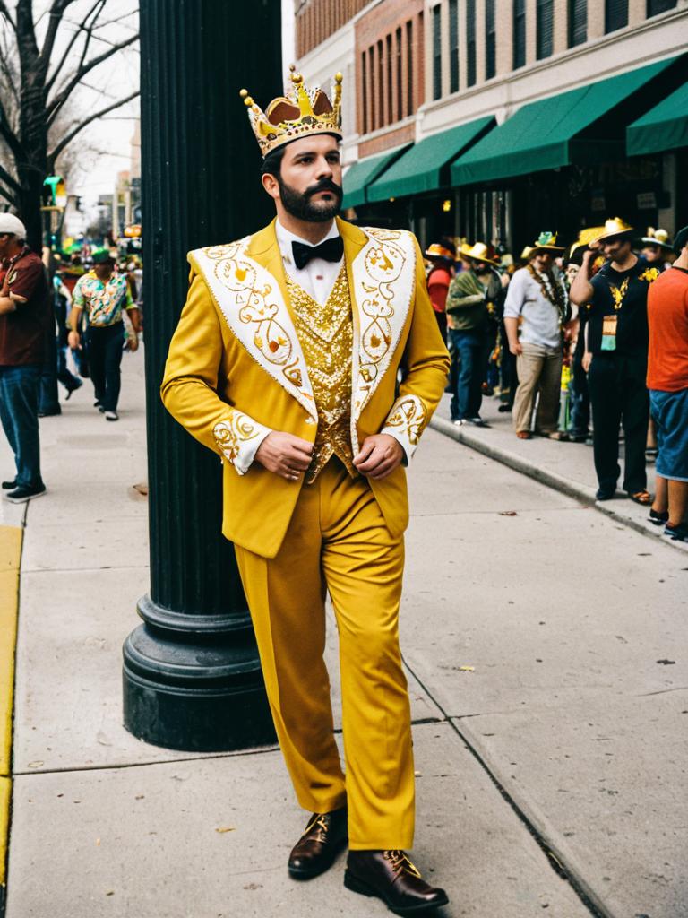 Mardi Gras King in Golden Costume and Crown on City Street