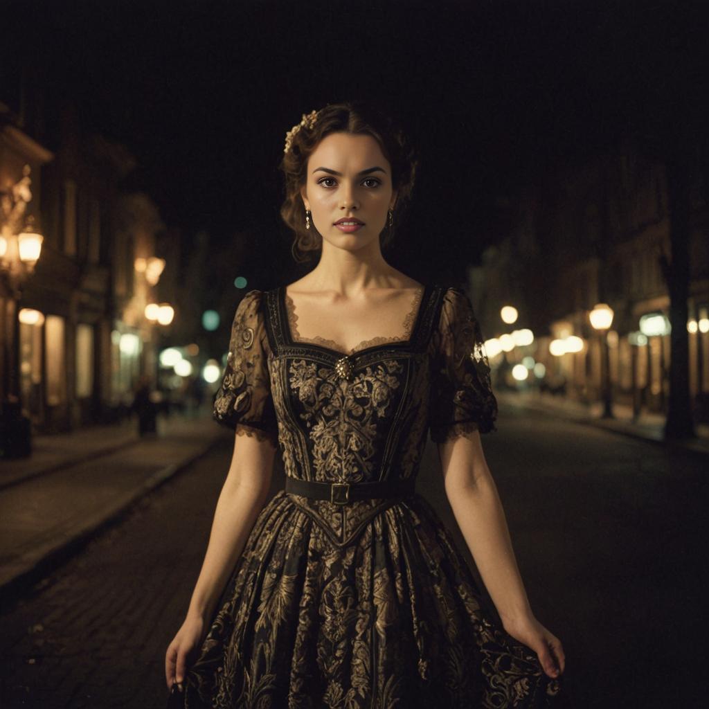 Vintage Woman in Ornate Dress on Dimly Lit Street