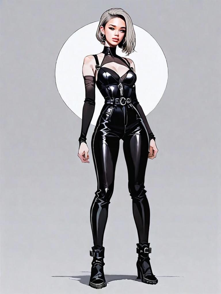 Realistic Comic Style Woman in Black Leather Full Body Outfit