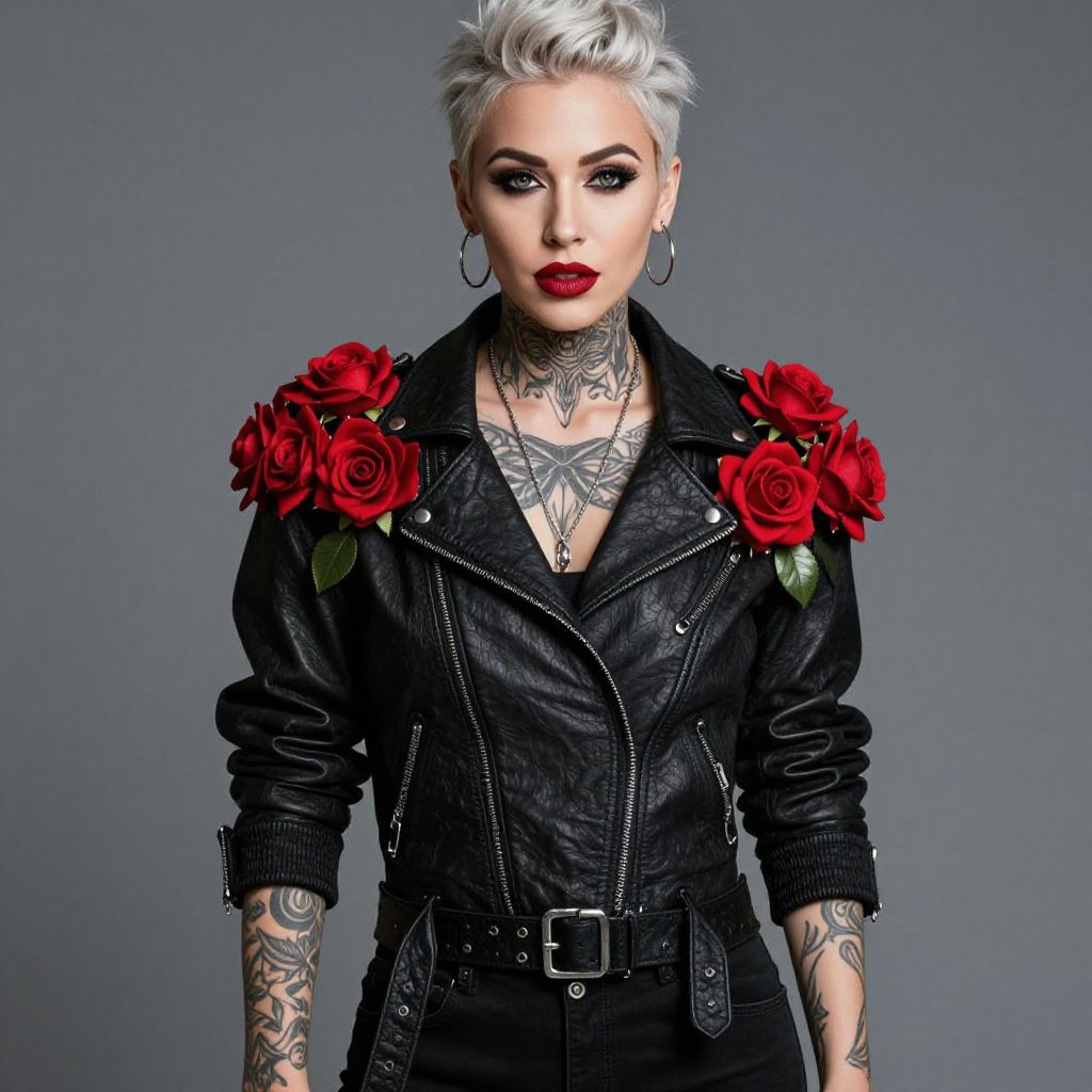 Edgy Woman in Black Leather Jacket with Red Roses and Tattoos