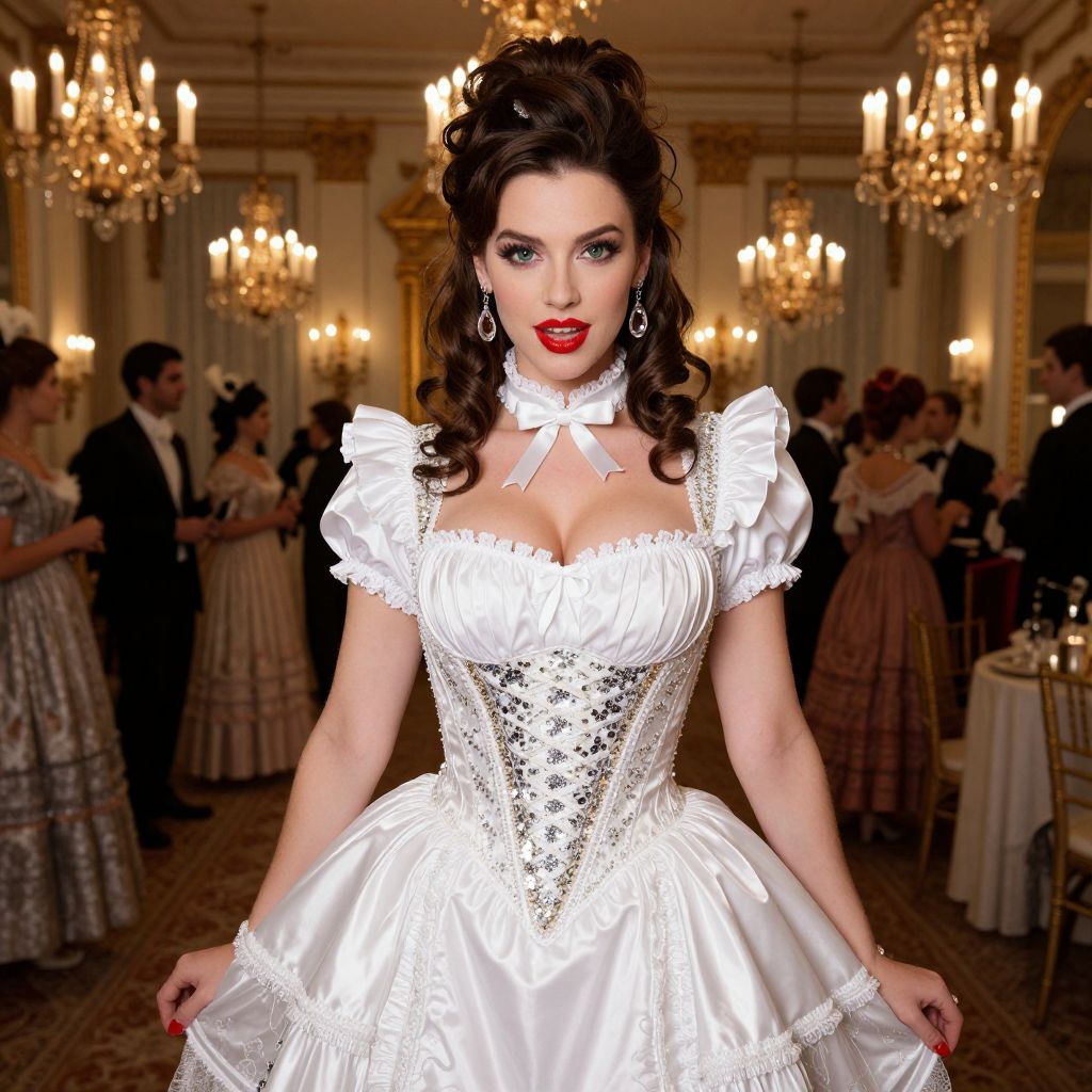 Woman in Elegant Victorian White Gown at Luxurious Ballroom Event