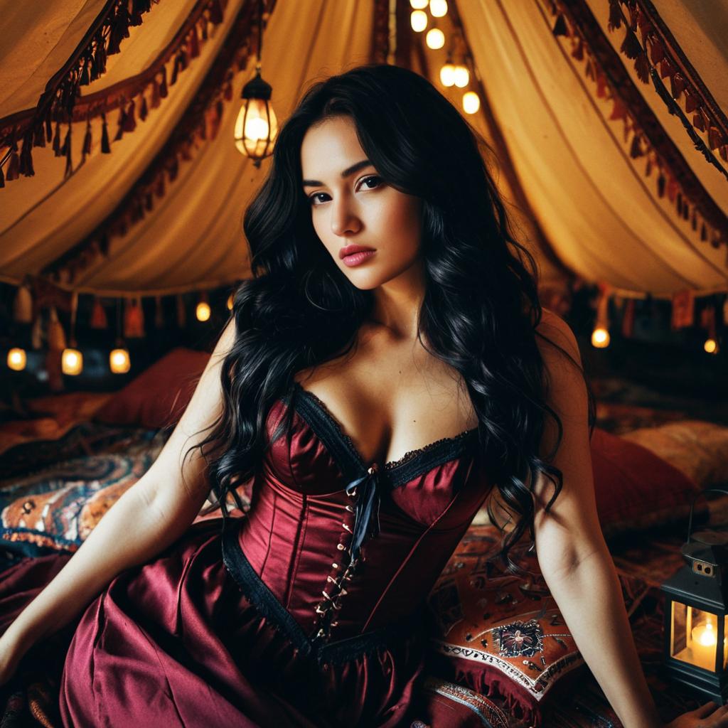 Elegant Woman in Deep Red Corset Dress in Bohemian Tent Setting