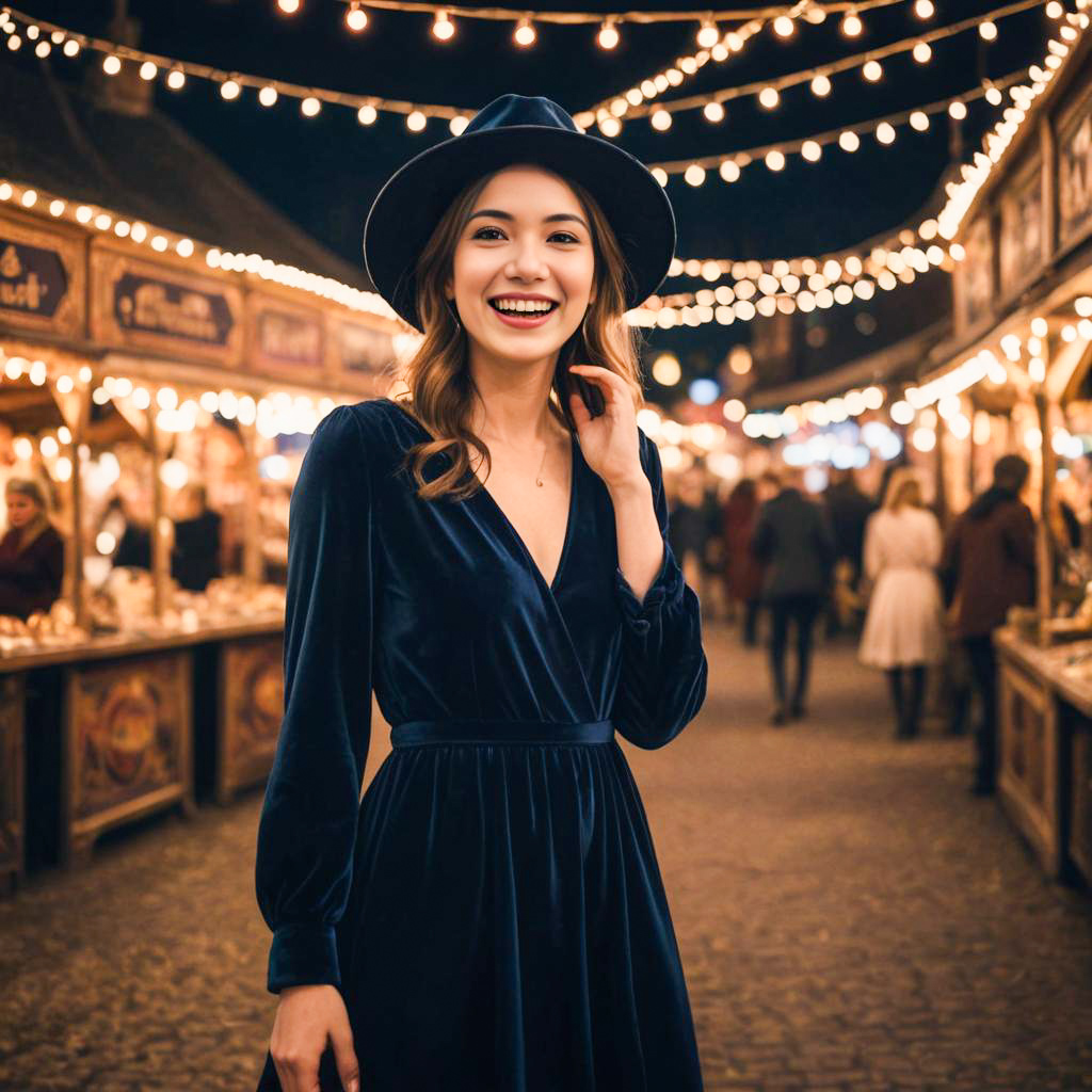 Joyful Woman in Velvet Dress at Festive Market