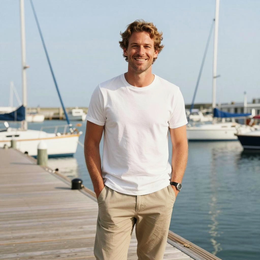 Smiling Man in White T-shirt Standing on Marina Dock with Sailboats