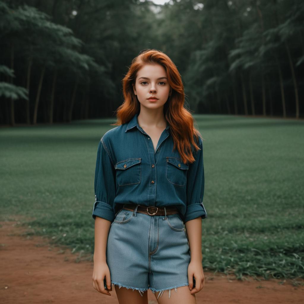 Young Woman with Red Hair in Forest