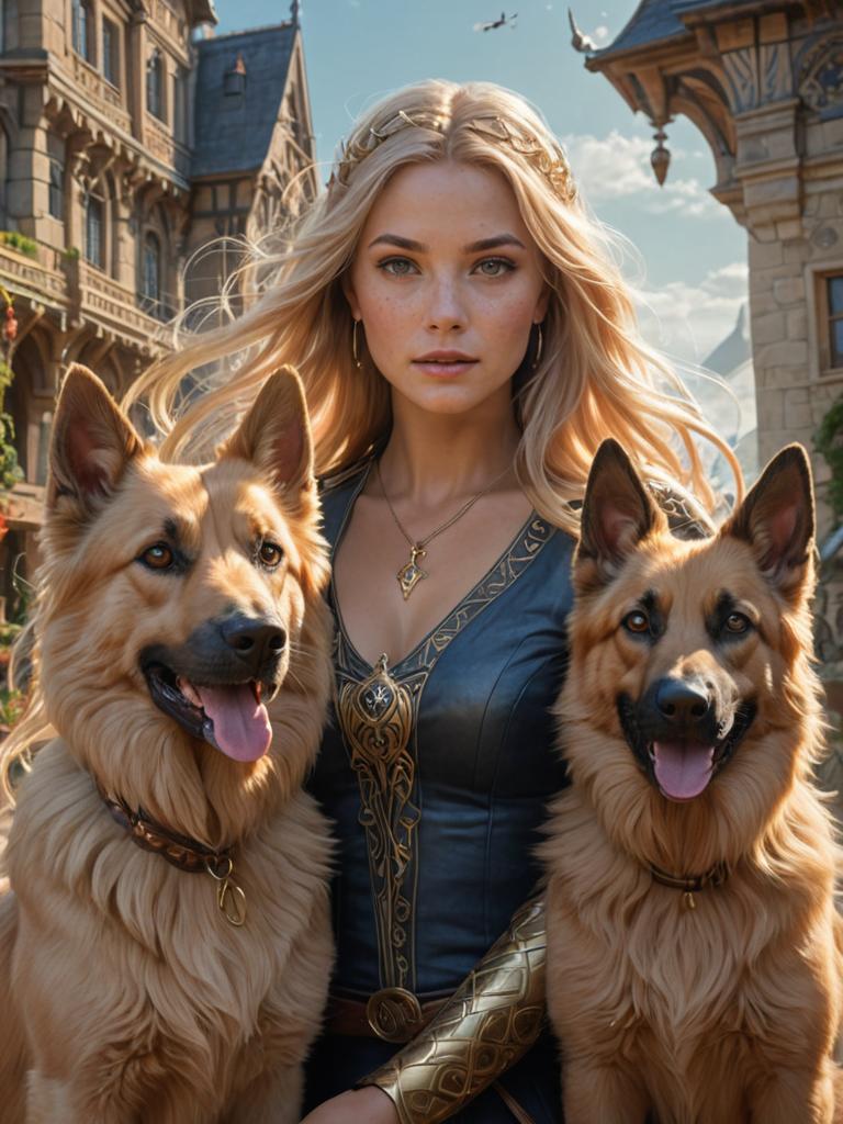 Scandinavian Woman with Majestic Dogs in Fantasy Adventure