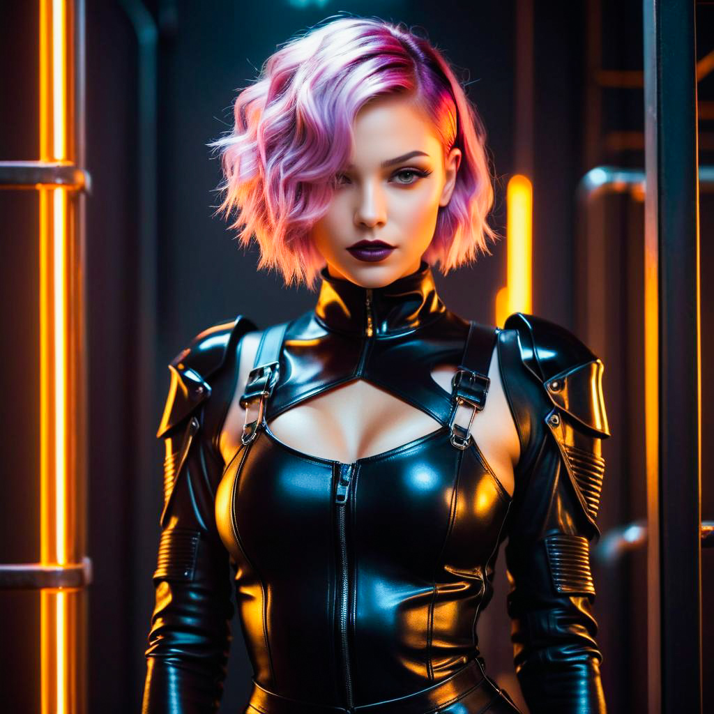 Futuristic Woman in Pink Bob and Black Latex