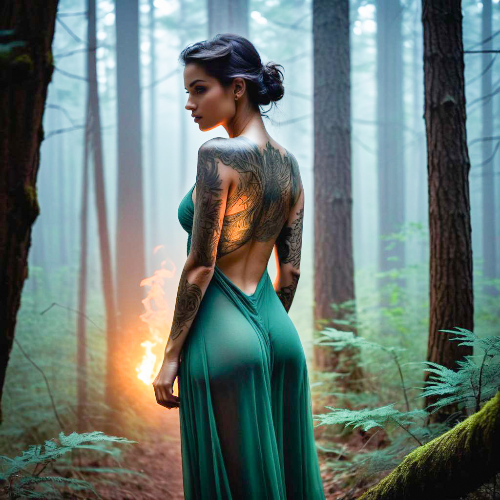 Woman in Green Dress with Tattoos in Misty Forest