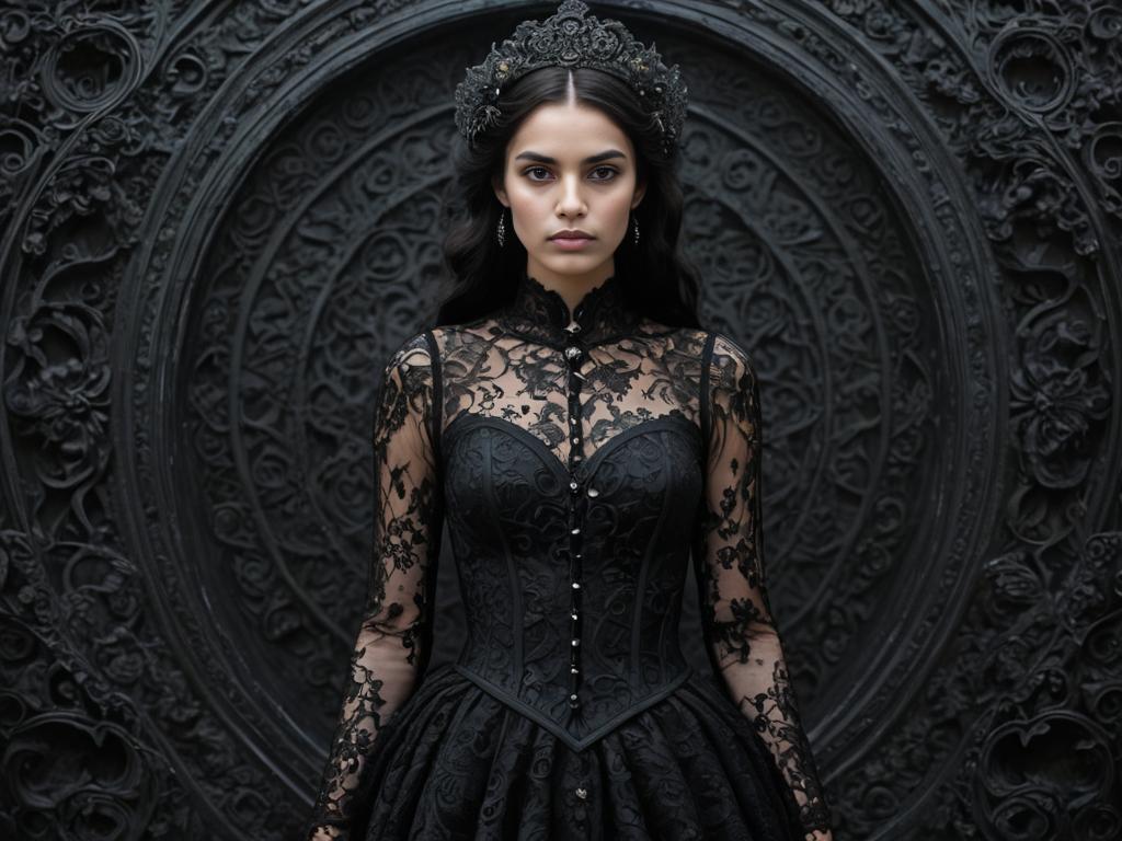 Elegant Woman in Black Lace Dress with Gothic Headpiece