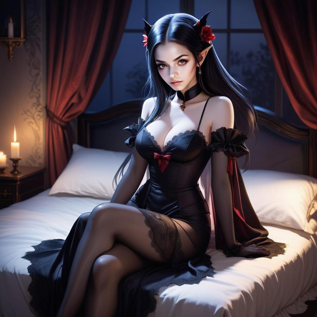 Gothic Fantasy Woman in Elegant Lingerie with Horns and Elf Ears on Bed