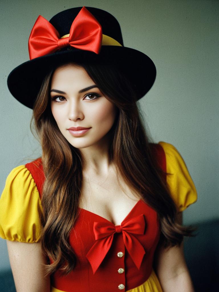 Young Woman in Vintage Style Dress with Red Bow Hat