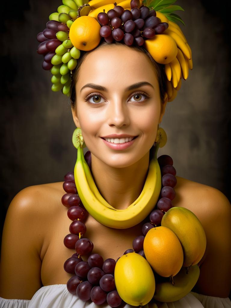 Woman Adorned with Fruits: Grapes, Mangos, Bananas