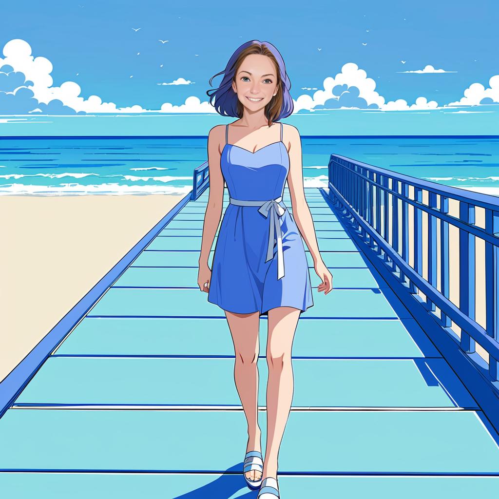 Anime Woman in Blue Dress Walking on Pier