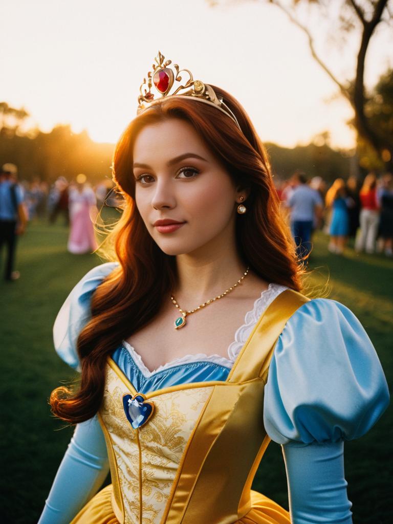 Photorealistic Portrait of Woman in Disney Princess Costume Outdoors