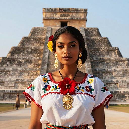Woman in Traditional Mexican Attire at Chichen Itza Pyramid