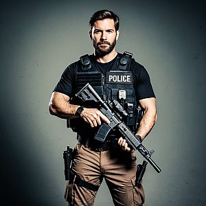 Stern Police Officer in Tactical Gear with Assault Rifle