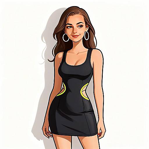 Stylish Woman in Modern Black Cutout Dress with Hoop Earrings Fashion Illustration