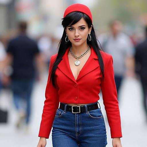 Young Woman in Red Cropped Blazer and Beret Walking in City Street