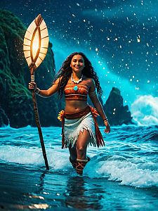 Confident Woman in Glowing Ocean Water at Night