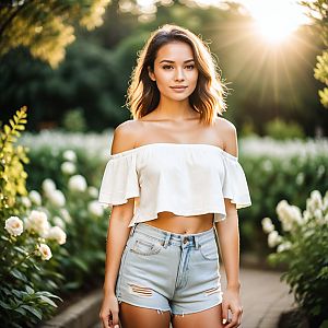 Confident Young Woman in Blooming Garden