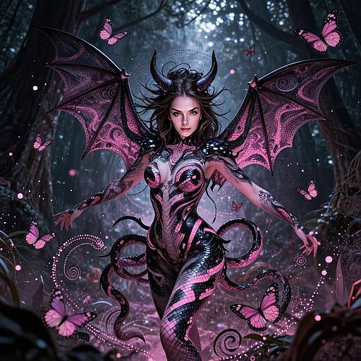 Fantasy Woman with Dark Demonic Wings and Pink Butterflies in Enchanted Forest