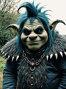 King Gristle Trolls Costume Detailed Close-up with Blue Hair and Spiked Fur Outfit