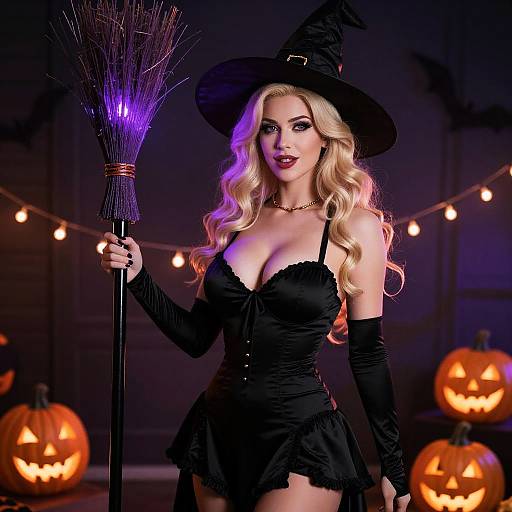 Glamorous Blonde Witch Costume with Halloween Pumpkins and Broomstick