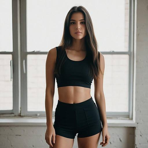 Young Woman in Black Sportswear Standing by Window
