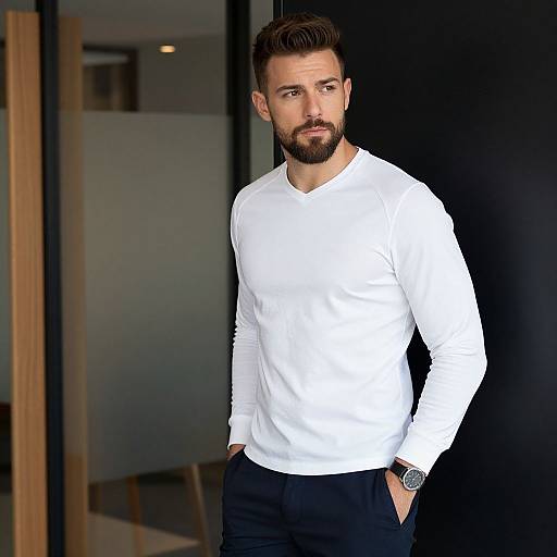 Man Wearing White Long Sleeve Shirt in Modern Interior