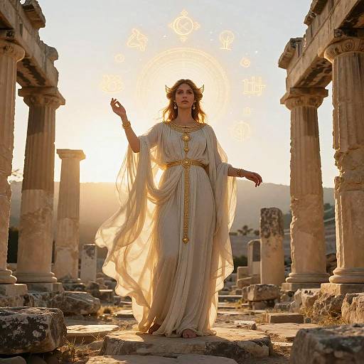 Woman in Flowing White Gown Among Ancient Ruins with Mystical Symbols