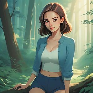 Young Woman on Tree Branch in Sunlit Forest