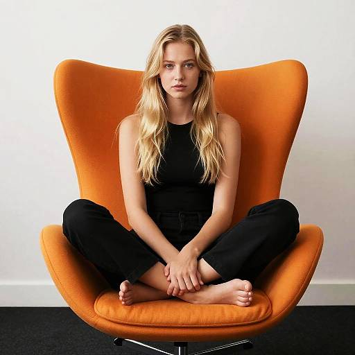 Blonde Woman Sitting Cross-Legged on Orange Modern Lounge Chair