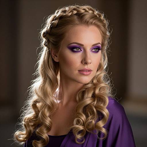 Elegant Woman with Braided Blonde Hair and Bold Purple Makeup