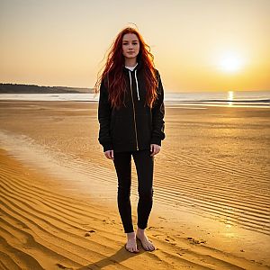 Young Woman Standing Barefoot on Beach at Sunset in Casual Black Hoodie