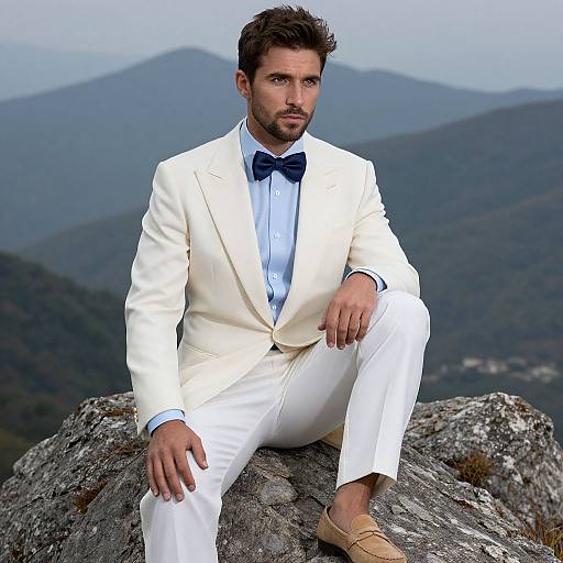 Stylish Man in White Suit Posing on Rocky Mountain Landscape