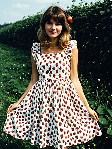 Young Woman in Strawberry Print Dress Standing in Green Field