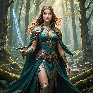 Warrior Woman in Mystical Forest with Glowing Sword