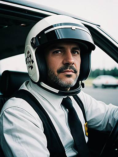 Man in Driver Costume Cosplay Portrait with Helmet and Cinematic Realism