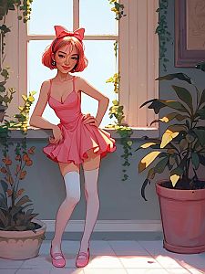 Young Woman in Pink Dress by Bright Window