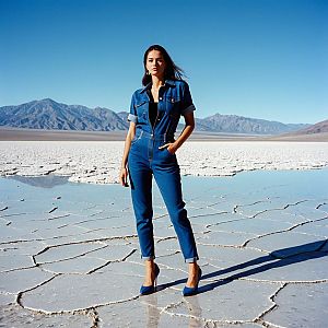 Confident Woman in Denim Jumpsuit on Salt Flat