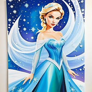 Elegant Woman in Blue Gown with Snowflakes