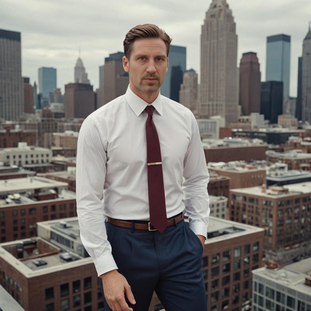 Stylish man in white shirt and red tie with city skyline